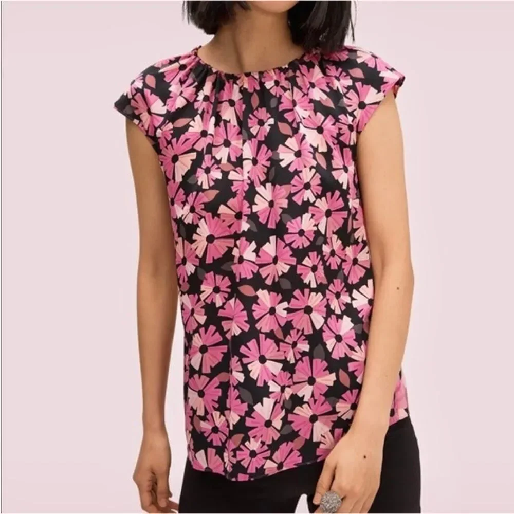 Kate Spade Wallflower Tie Neck Blouse Top Shell Pink Black Floral Printed S
